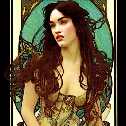 Image similar to a closeup portrait of a young megan fox, art nouveau, jugendstil, decorative background, spirals, painted by alphonse mucha