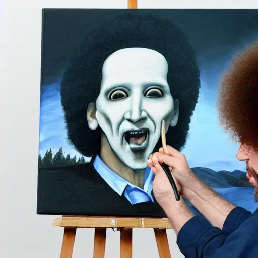 Image similar to a closeup photorealistic photograph of bob ross working on a canvas painting of marilyn manson. happy trees, mountain scape. film still. brightly lit scene. this 4 k hd image is trending on artstation, featured on behance, well - rendered, extra crisp, features intricate detail, epic composition and the style of unreal engine.