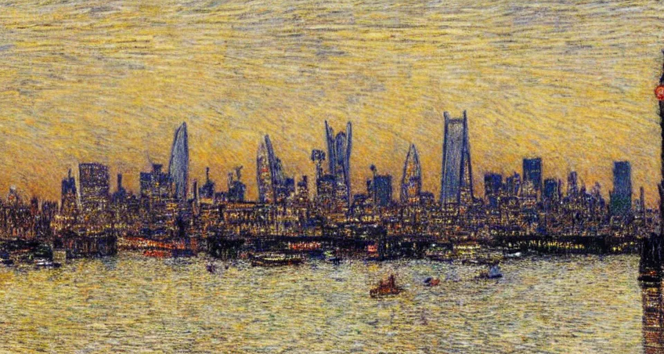 Prompt: color sketch of the london skyline, highly detailed, dramatic lighting, intense shadows, rich deep colours, by childe hassam