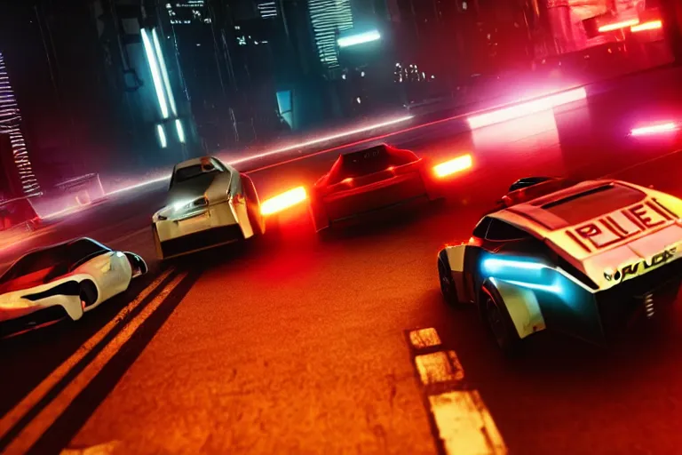 Image similar to film still from blade runner, cyberpunk tesla police car chasing cars, rocket league, global illumination, volumetric lighting