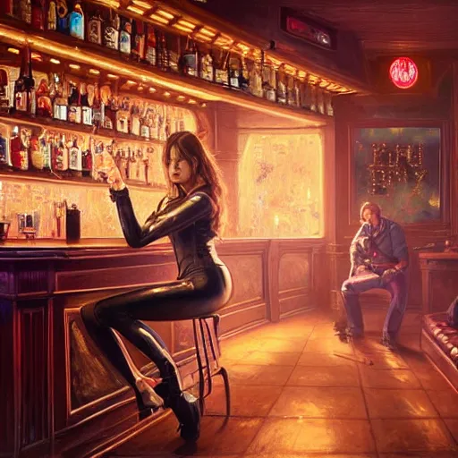 Image similar to highly detailed painting of a beautiful female wearing a skintight leather jacket in a bar, stephen bliss, 8 k, unreal engine, by greg rutkowski, loish, rhads, ferdinand knab, makoto shinkai and lois van baarle, ilya kuvshinov, rossdraws, tom bagshaw, global illumination, radiant light, detailed and intricate environment