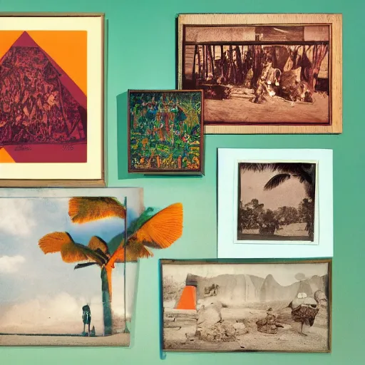 Prompt: An offset photography of a composition of five object on display, colors, (anthropology of wonder), ((((exotic artifacts)))), bauhause, tropicalism, (colonial expedition), three colors, exhibition print, 60s style