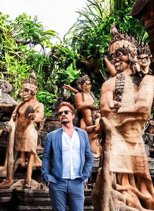 Image similar to a full portrait photo of robert downey jr holiday in iconic spot in bali, f / 2 2, 3 5 mm, 2 7 0 0 k, lighting, perfect faces, award winning photography.