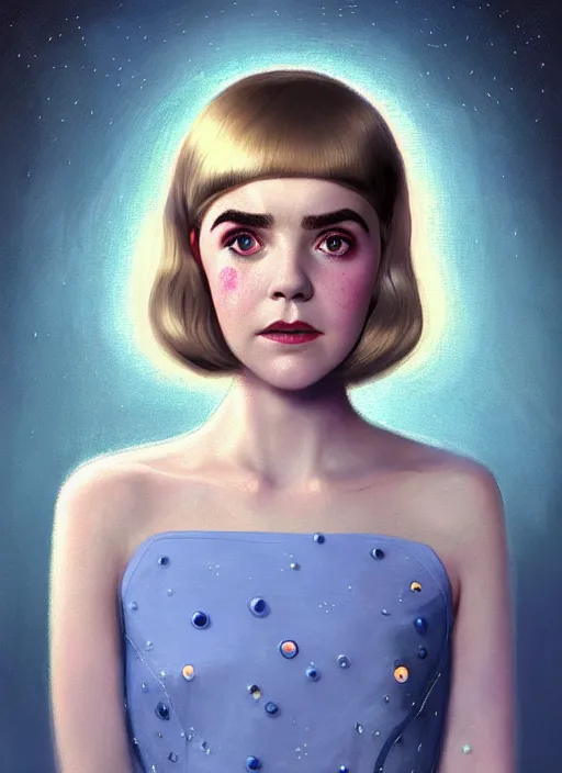 Image similar to portrait of kiernan shipka with freckles, white hair, big 1 9 6 0 s bob hairstyle with bangs and hairband, blue 1 9 6 0 s dress, intricate, elegant, glowing lights, highly detailed, digital painting, artstation, concept art, smooth, sharp focus, illustration, art by wlop, mars ravelo and greg rutkowski