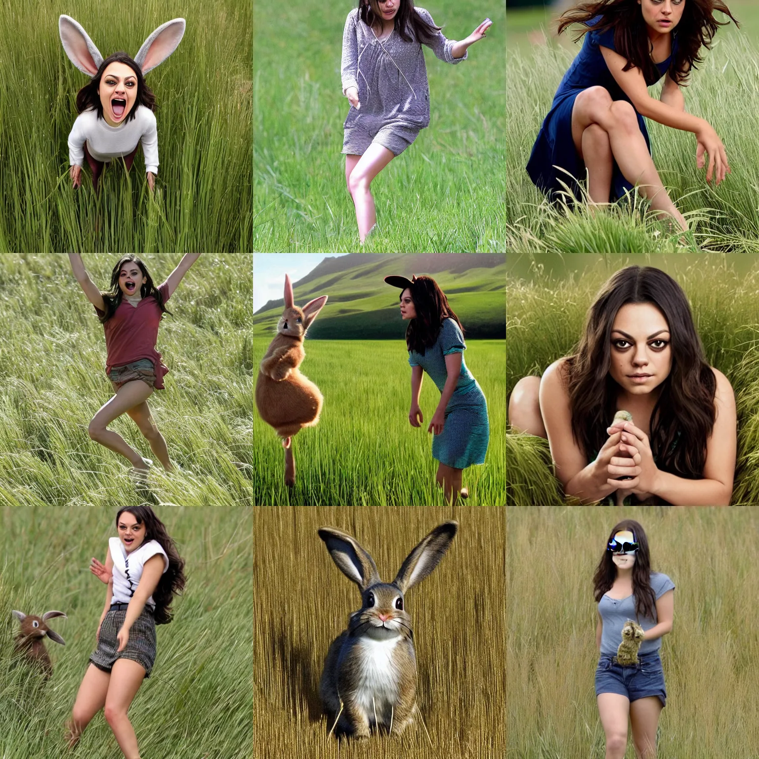 Prompt: mila kunis as a little anthropomorphic rabbit hopping through high grass