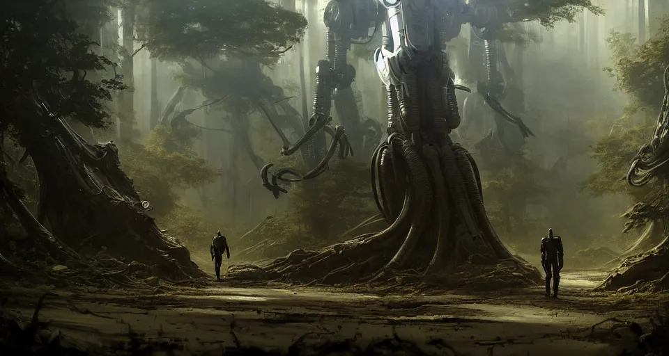 Prompt: hyper realistic sci - fi matte concept art painting of mecha walking through an alien forest, beautiful details, strong composition painted by kim jung guweta studio rutkowski, james gurney and greg rutkowski, and lucasfilm, smooth, intricate, detailed, sharp focus, cinematic