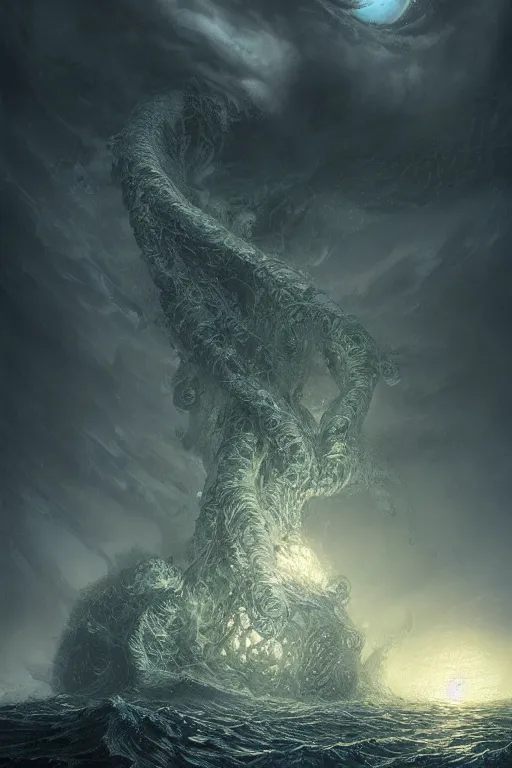 Prompt: A stunning detailed Shoggoth by Tomasz strzalkowski, stormy ocean, beautiful lighting, full moon, detailed swirling water tornado, artstation