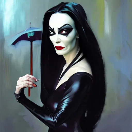 Image similar to greg manchess portrait painting of partially armored morticia from addams family as overwatch character, medium shot, asymmetrical, profile picture, organic painting, sunny day, matte painting, bold shapes, hard edges, street art, trending on artstation, by huang guangjian and gil elvgren and greg rutkowski