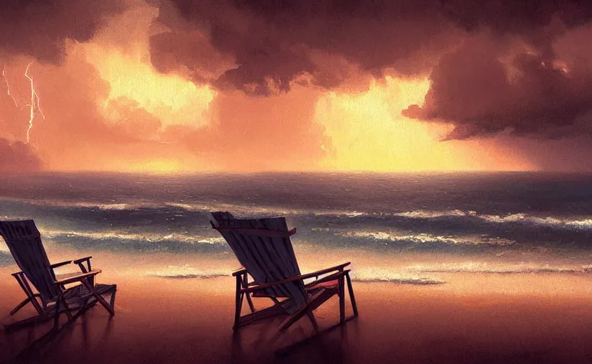 Prompt: painting of a beach chair at sunset with heavy thunderstorm in background, natural light, concept art, by greg rutkowski, cozy atmospheric and cinematic lighting
