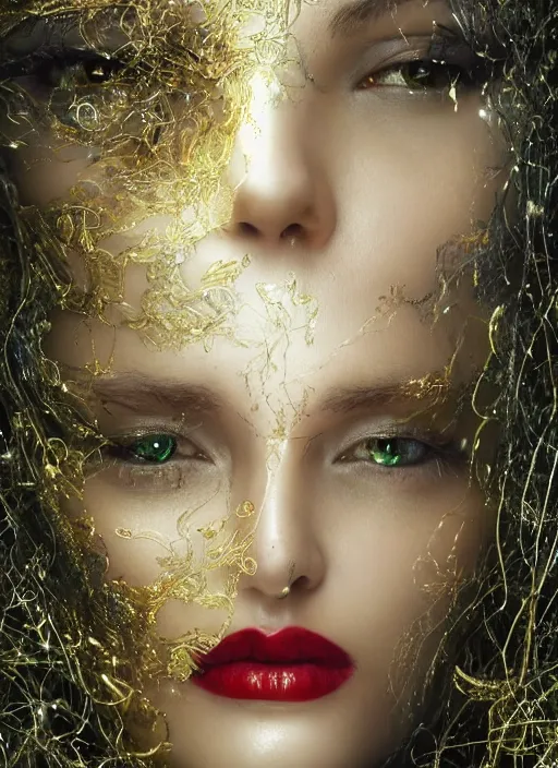 Image similar to glowing silver and golden elements, full close-up portrait, beautiful female portrait model from shutterstock as a dark witch, book cover, green forest, white moon, red lips, establishing shot, extremly high detail, photo-realistic, cinematic lighting, pen and ink, intricate line drawings, by Yoshitaka Amano, Ruan Jia, Kentaro Miura, Artgerm, post processed, concept art, artstation, matte painting, style by eddie, raphael lacoste, alex ross