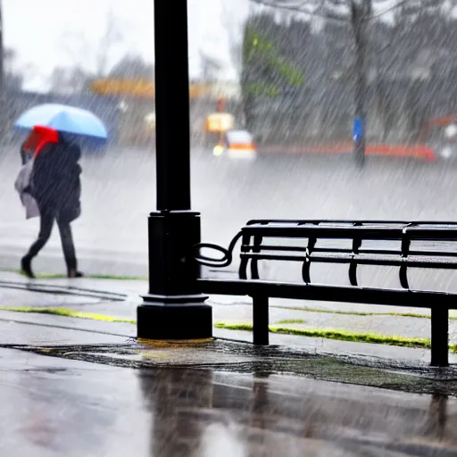 Prompt: beautiful 8 k mid - shot photo of an empty bus stop bench in the pouring rain of spring, detailed, 4 k resolution, dynamic occlusion lighting