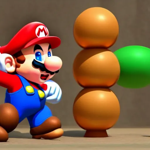 Prompt: A realistic and detailed super mario shooting a goomba with a machine gun