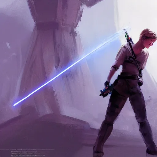 Prompt: Over-the-Shoulder Shot !dream full body Over-the-Shoulder Shot of a young blonde male jedi with short hair with his blue lightsaber is ignited illuminating him and the scene, concept art by Doug Chiang cinematic concept art, realistic painting, high definition, digital art, matte painting, symmetrical, very detailed, realistic, dramatic lighting, cinematic, establishing shot, extremely high detail, photo realistic, cinematic lighting, post processed, concept art, artstation, matte painting, red color scheme, the Mandalorian concept art style