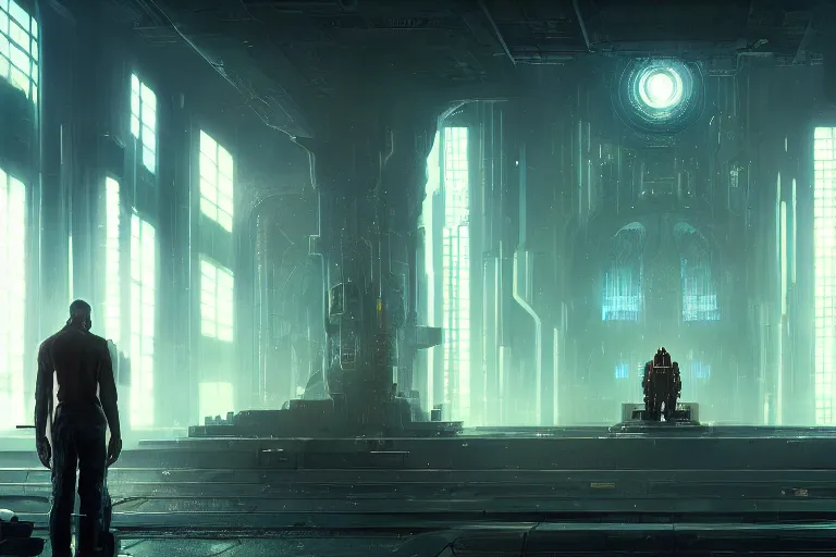 Image similar to sci fi cyberpunk fantasy art a man prays at the altar to the god of machines, by greg rutkowski ultrahd dark volumetric lighting hyper detailed unreal engine octane render