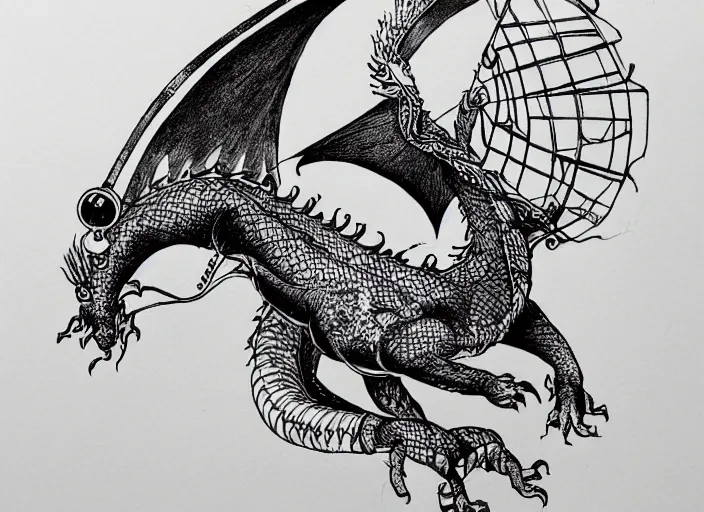 Image similar to modern pen and ink drawing, dragon with apparatus strapped to it, steam punk apparatus, ink on white background, clean lines, really clear, Olivia Kemp, julia Hill