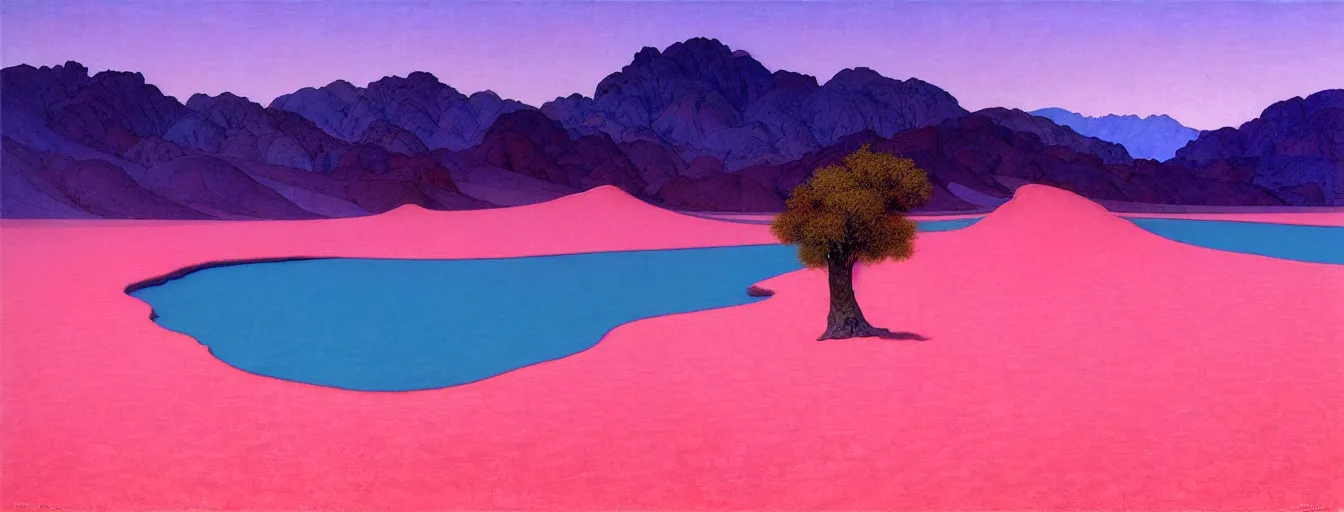 Prompt: a gorgeous desert painting of death valley, separated by streams of shimmering blue sand by barlowe wayne maxfield parrish and marco mazzoni. tree no leaf!!!! china mountain village!! blue and very little light verdancy. the protruding pink clumps of rock. ultra clear detailed. 3 d, octane render. turbulent blood lake.