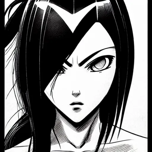 Image similar to alita by yukito kishiro. medium shot. black and white manga. pencil drawing. high detailed face