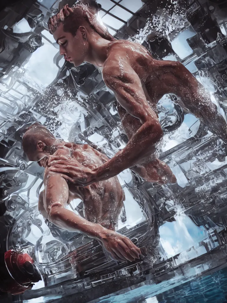 Prompt: Pete Davidson icing a cake at the pool, biomechanical fluid, dramatic lighting, hyperrealistic, ultrarealistic, intricate details, 4k, unreal 5, digital art