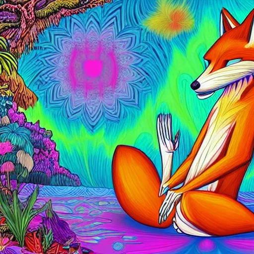 Image similar to an anthromorphic fox man meditating in a garden with a waterfall and clouds, by Lisa Frank in a psychedelic style, digital art