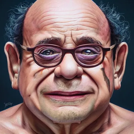 Image similar to hyperrealistic mixed media high resolution painting of (Danny DeVito) is Gollum, stunning 3d render inspired art by Jamie Salmon and István Sándorfi and Unreal Engine and Greg Rutkowski, perfect facial symmetry, dim volumetric lighting, 8k octane beautifully detailed render, full body shot, post-processing, extremely hyper-detailed, intricate, epic composition, highly detailed attributes, highly detailed atmosphere, cinematic lighting, masterpiece, trending on artstation, very very detailed, masterpiece, stunning, flawless completion, lifelike texture, perfection,