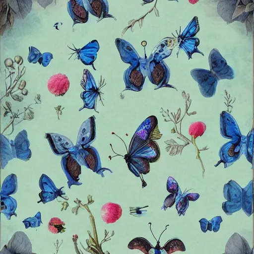 Prompt: blue butterflies with anxious piercing eyes and vintage illustration pattern background blend of flowers and fruits and birds, by hsiao - ron cheng and beto val and john james audubon, bizarre compositions, exquisite detail, extremely moody lighting