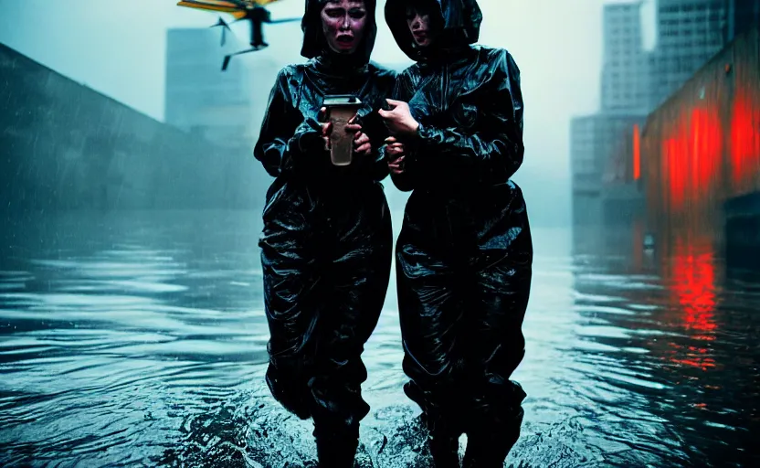 Image similar to cinestill 5 0 d candid photographic portrait by steve mccurry of two loving female androids sobbing wearing rugged black mesh techwear in treacherous waters, flooded city, long shot, retrofuturism cyberpunk moody emotional cinematic, pouring iridescent rain bright spotlight helicopter, 8 k, hd, high resolution, 3 5 mm, f / 3 2, ultra realistic faces, ex machina