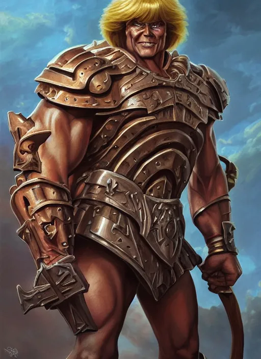 Image similar to He-Man!!!!!, close up, filmation!! ,sci fi,fantasy, intricate, german iron cross chest armor ,elegant, loin cloth ,highly detailed, oil painting, artstation, concept art, matte, sharp focus, illustration, dramatic, sunset,hearthstone, art by Artgerm and Greg Rutkowski and Alphonse Mucha