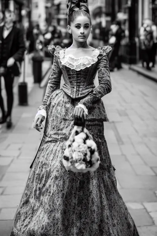 Prompt: Ariana Grande Victorian Era clothing, walking through the streets of London, XF IQ4, f/1.4, ISO 200, 1/160s, 8K, symmetrical face, beautiful symmetrical eyes, black and white