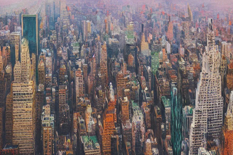 Image similar to tsunamic crashing over manhattan, bird's eye view, wide shot, cinematic, realistic painting