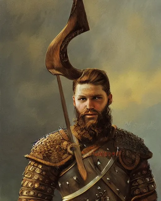 Prompt: a portrait of a handsome young viking warrior, art by denys tsiperko