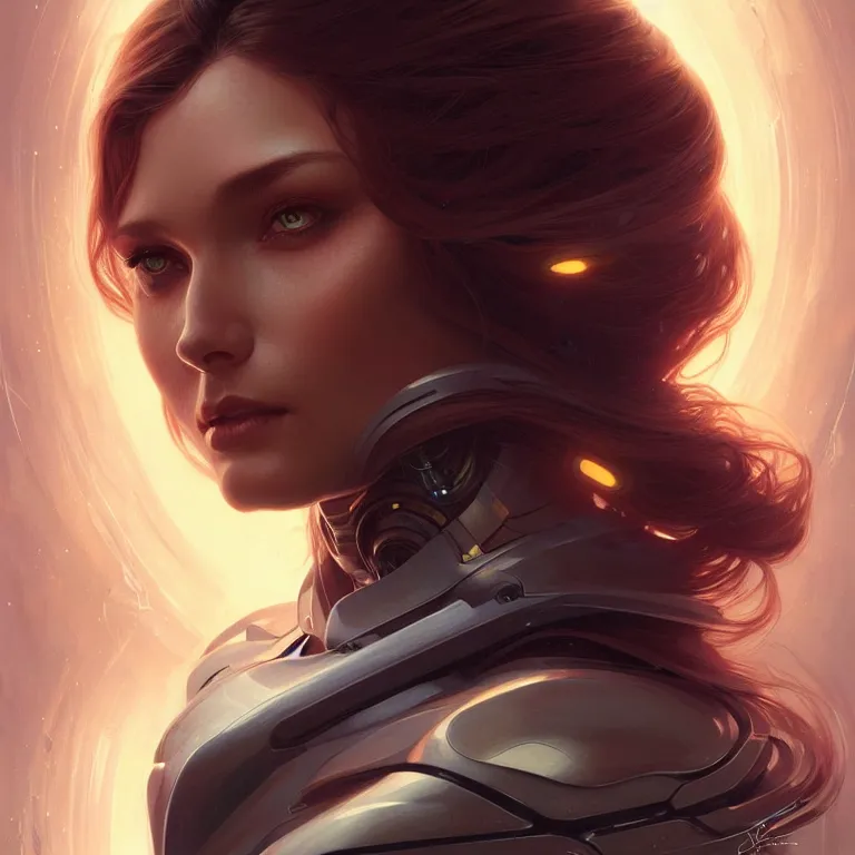 Image similar to futuristic woman portrait, sci-fi, amber eyes, face, long hair, fantasy, intricate, elegant, highly detailed, digital painting, artstation, concept art, smooth, sharp focus, illustration, art by artgerm and greg rutkowski and alphonse mucha