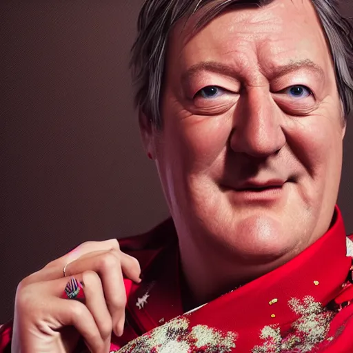 Prompt: Stephen Fry in a fancy kimono, unreal engine octane, red and white, portrait, glitter, depth of field, 8k, hyper detailed