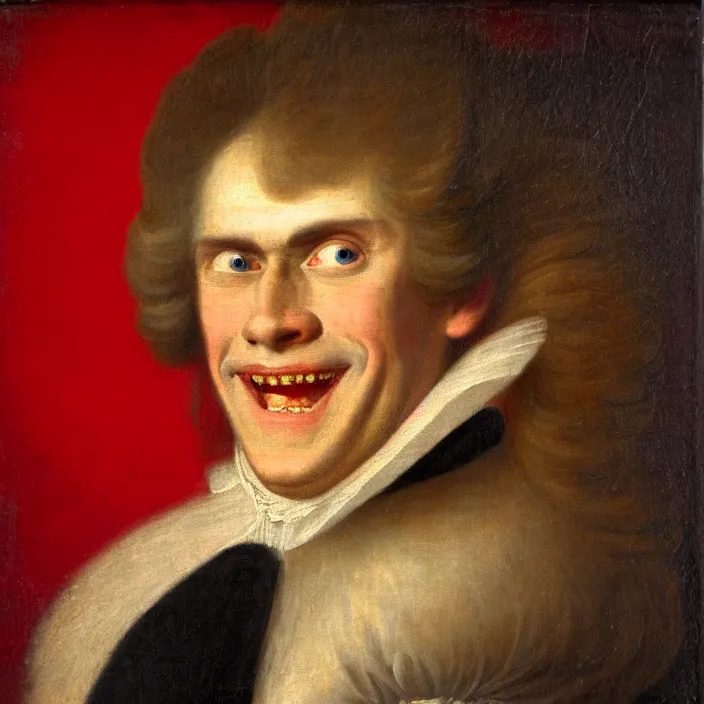 Image similar to an 18th Century royal portrait of a smiling Willem Dafoe with blood red eyes, portrait, 8k