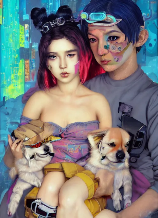 Prompt: beautiful portrait painting of a cute lofi cyberpunk princess girl and her corgi assassin king, by Afarin Sajedi, Alessandro Barbucci, Alex Gross, Shin Jeongho, Shohei Otomo. trending on Artstation, 8k, masterpiece, face enhance, graffiti paint, fine detail, full of color, intricate detail, golden ratio illustration