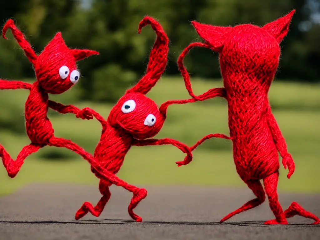 Prompt: a red yarny dancing on a lead