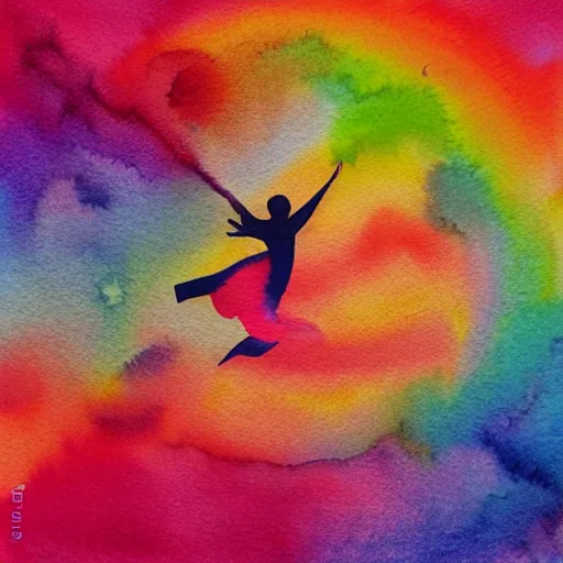 Image similar to dancing on top of a rainbow in the stratosphere, minimalist, watercolor, ink under paint, muted colors, birds - eye view. digital art, ue 5