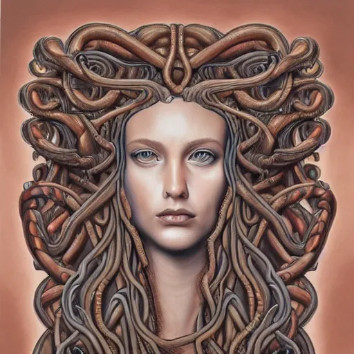 Prompt: symmetrical, detailed portrait color painting of medusa by greg rutowski, rose gold tones, priestess, full body