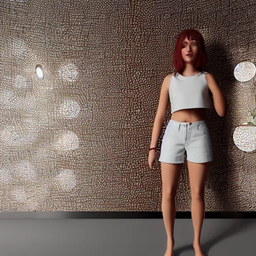 Image similar to a woman in a crop top and shorts, standing in a room with mirrors on every surface, reflections, shiny, highly detailed, 8k, octane render, hyperrealistic