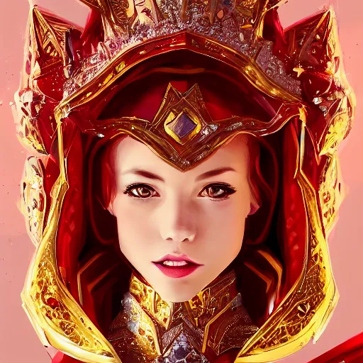 Image similar to a portrait of a beutifull women , golden armor with diamonds , bright red cape on her back , red puppils , queen crown on top of her head , fantasy, Pink short hair, beautifull smile, perfect simetrycal face proportion , artstation , by wlop , ross tran, peter xiao , dao lee