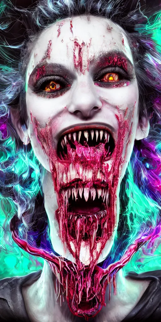 Prompt: impossibly beautiful vampire with large vampire fangs, full body, intricate complexity, surreal horror, psychedelic glitch art, rainbow drip paint, trending on art station, photoreal, 8k, octane render