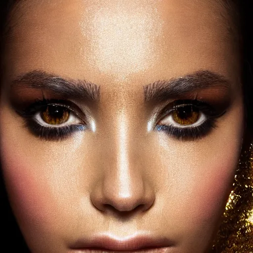 Prompt: extreme close up portrait of stunningly beautiful girl, staring in the camera, symmetrical, gold dust make up, high res photo, 8 k, 5 0 mm 1. 8, bokeh, by mario testino
