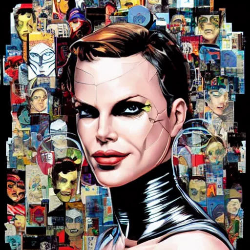 Image similar to portrait of a female android, superhero comics cutouts, by Sandra Chevrier