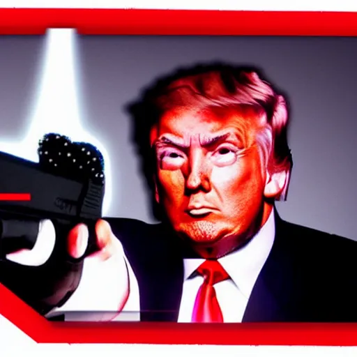 Image similar to a photograph of donald trump with laser eyes pointing a gun at the camera