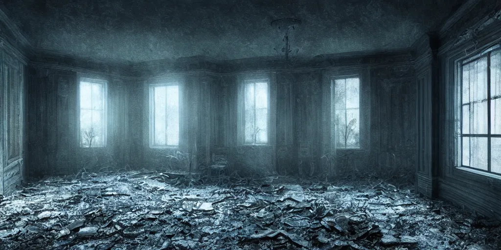 Image similar to a painting of an indoor view of a creepy abandoned mansion at night, eerie, ominous, volumetric lighting, octane render, moonlight through broken window
