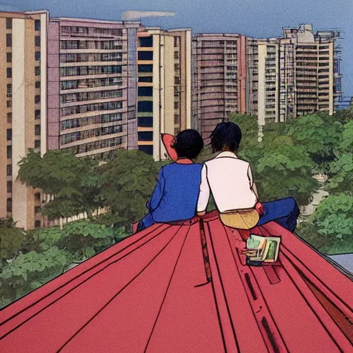 Prompt: art of two singapore students on the roof of a hdb flat, by satoshi kon