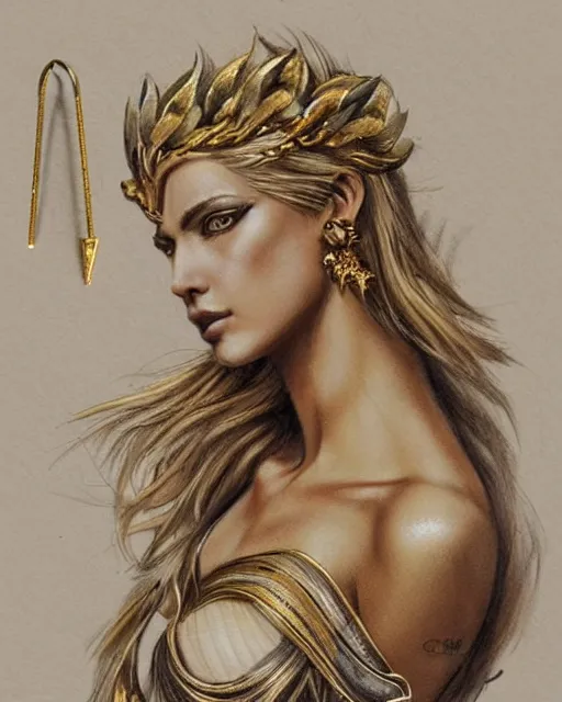 Image similar to tattoo sketch of beautiful super model aphrodite greek goddess wearing a gold laurel wreath and triangle earrings, beautiful piercing gaze with sharp pupils, beautiful blonde hair, in the style of greg rutkowski, fantasy, amazing detail, epic, elegant, smooth, sharp focus, front view