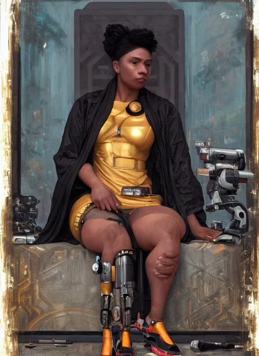 Prompt: Maria Igwe. Beautiful Feminist Cyberpunk mechanic with robotic legs. (Cyberpunk 2077, bladerunner 2049). Iranian orientalist portrait by john william waterhouse and Edwin Longsden Long and Theodore Ralli and Nasreddine Dinet, oil on canvas. Cinematic, vivid colors, hyper realism, realistic proportions, dramatic lighting, high detail 4k