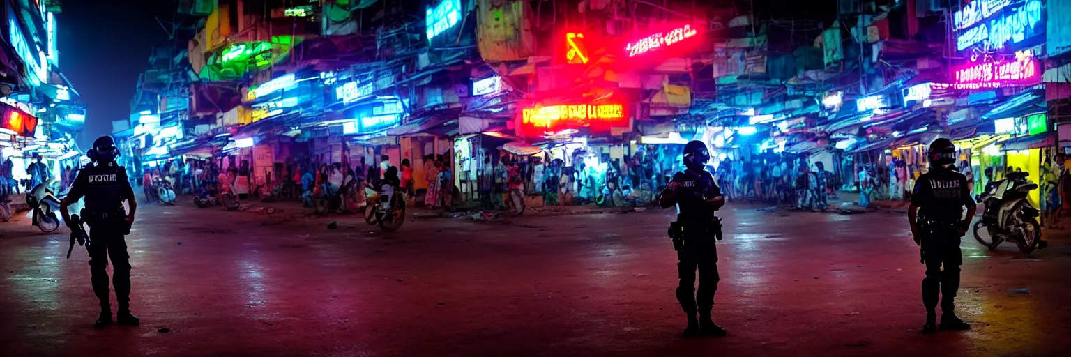 Image similar to Cyberpunk Police, futuristic Phnom-Penh Cambodia, neon dark lighting