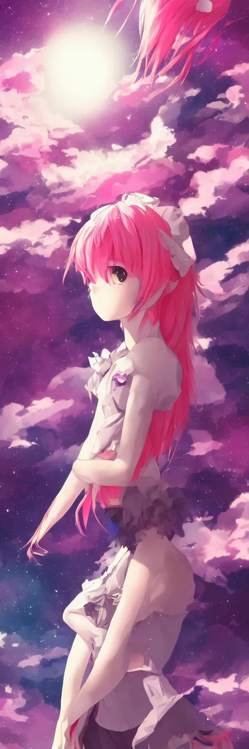 Image similar to A beautiful anime cat girl with pink hair, rule of thirds, digital art, iphone wallpaper, cgsociety, trending on artstation, sunset backgroung with shooting stars in the sky