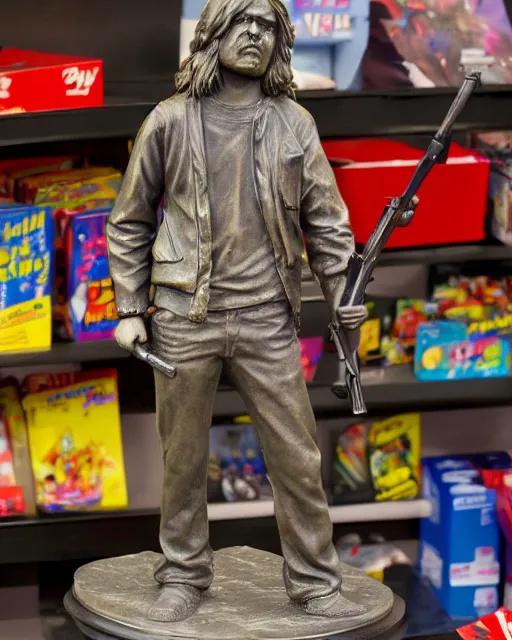 Image similar to photograph of bronze statue of kurt cobain holding a shotgun in a toys r us, photo - realism, 8 k, cinematic,